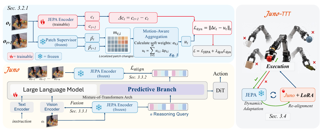 Juno architecture pipeline from JEPA pretraining to predictive reasoning and Juno-TTT