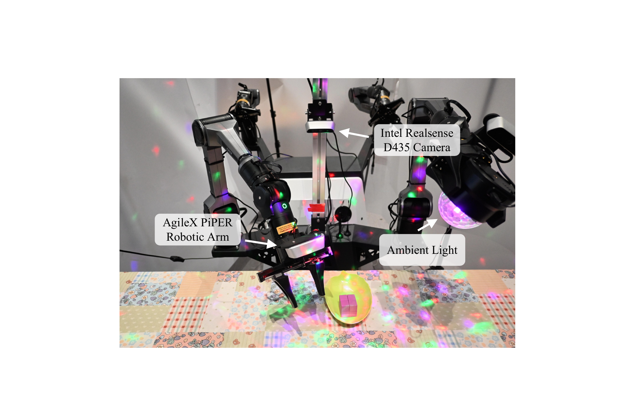 Real robot evaluation conditions: in-domain, background, height and object shifts