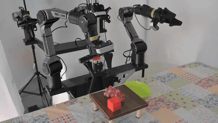 Juno real-robot rollout putting a red cube into a blue bowl